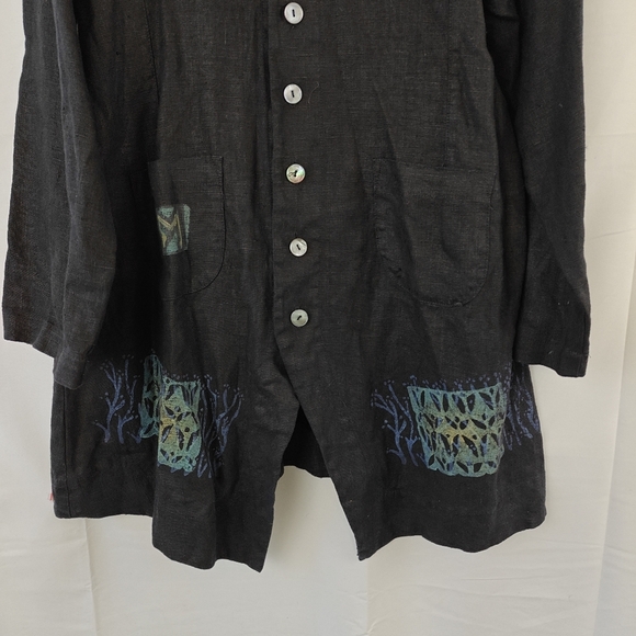 VTG Blue Fish RARE 100% Linen Hand Printed Coral Button Up Black Shirt Size 1 - Picture 2 of 15